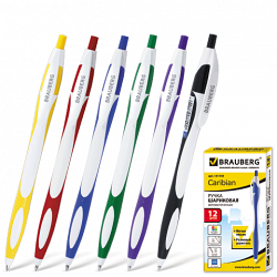 141159 Ручка шариковая автомат. BRAUBERG "Caribian" с рез.вставк., корп ассорти, 0,7мм синяя (12)